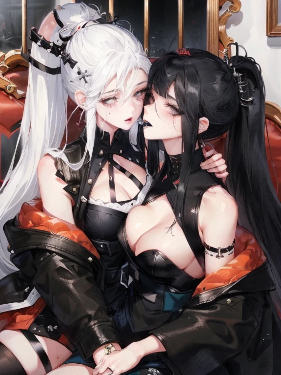 Two women kisasterpiece, best quality, high quality, ultra detailed, 1girl, looking at viewer, white hair, gray eyes, black lipstick, black shirt, sitting on a white floor, demon girl, gothcore, 1 7 - year - old, goth girl, japanese gothic, gothic punk style, black metal style, hands on head,.yurikiss、Girl kissing girl、