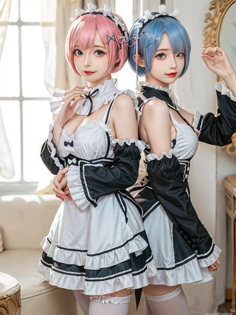 (8K, Photorealistic, Raw photo, of the highest quality: 1.3), (1girl in), Super beautiful, (Realistic face), (boyish, pink Color Berry Shorthair), Beautiful , Glare that captivates the viewer, Beautiful expression, Beautiful breasts, (Realistic skin), Be...Create a detailed and colorful image of Ram and Rem from Re:Zero, standing back-to-back in their maid outfits, with a magical fantasy background、14years old, two girls,cute, perfect face, beautiful, nice body, gothic lolita clothes, gothic lolita fashion, frilly skirt, headdress, necklace, bracelet, knee-high socks, boots, double eyelids, tear bags, Detailed down to the fingers, photo-like description, indoors, dim indoor lighting, one girl is pink hair and short bob, another girl is light blue hair and short bob,standing, sexy posing,whole body, composition that shows the whole body, smiling,The Both of them are wearing the same type of maid outfit