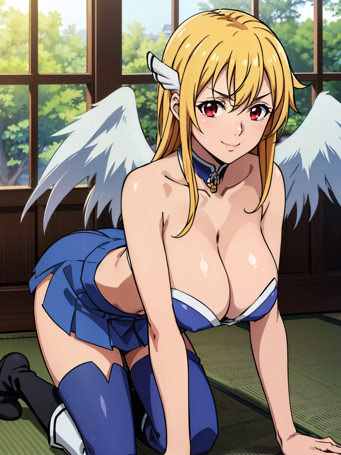 (all fours), gold boots, angel wings, wings, BREAK corset, navel, skirt, blue skirt, sunny weather, (japanese veranda background), japanese home, astraea, anime cels style, best quality, high resolution, 1girl, (huge breasts:1.2), beautiful face, blonde hair, long hair, (red eyes:1.5), cowboy shot, smiling
