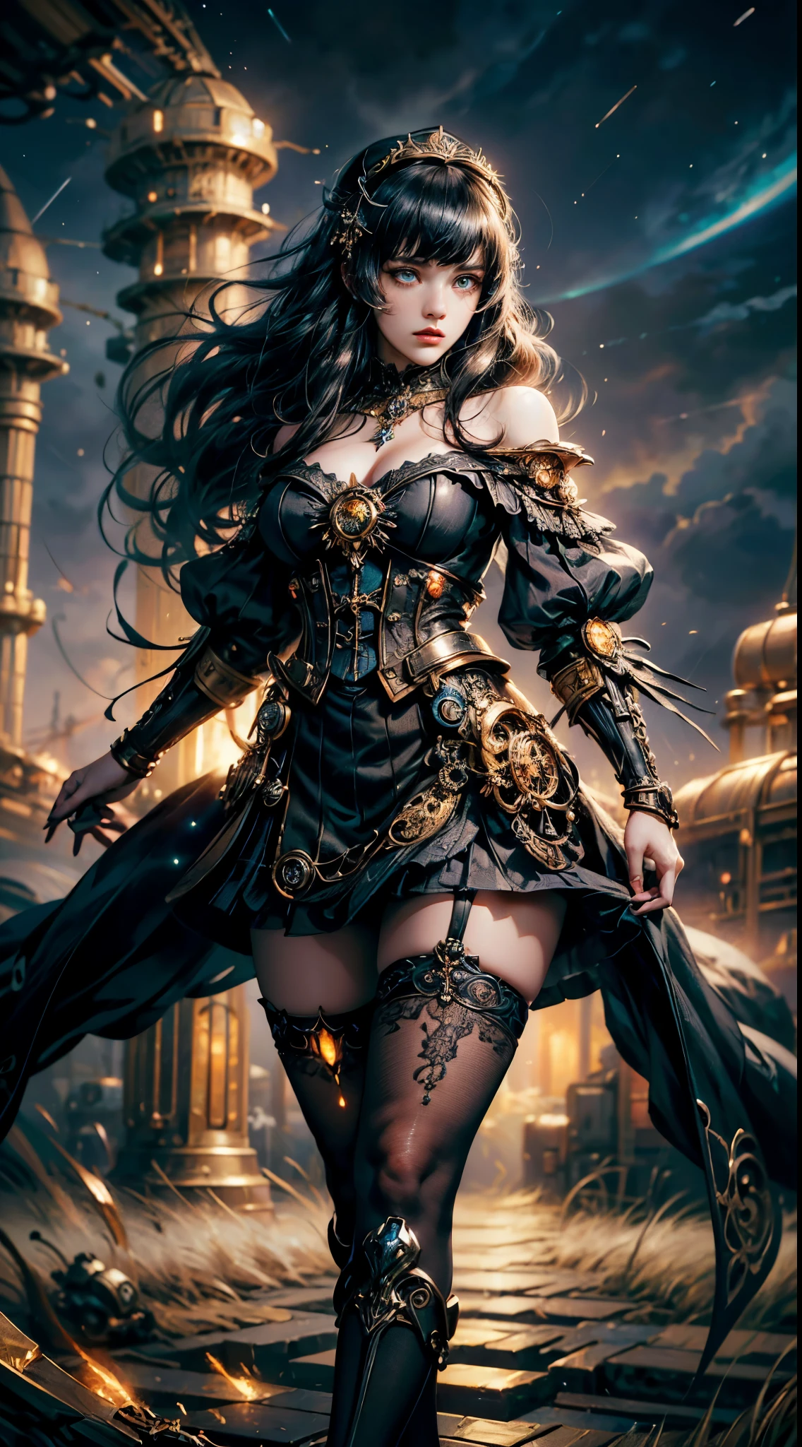 Wizard girl.
(((masterpiece, best quality, raw photo, photorealistic, depth of field, ultra detailed, detailed face, very precise eyes))), Dynamic Action Pose, Invoke Magic, Mechanical Magic Weapons, very slender long legs, lace stockings on the knee, steampunk headgear, fluttering lace flared mini skirt, off-shoulder fashion with a fusion of detailed and intricate steampunk and detailed gothic lolita, upward and beautiful small breasts, (((Thick bangs))), (((princess cut))), Clean long Black hair, long vertical curly hair, wind driven, futuristic complex steampunk factory background, infinite dark universe, flying celestial bodies, countless celestial neon lights raining down from the heavens, cinematic lighting decoration.