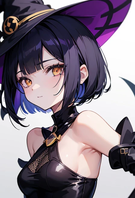 Witch's outfit, Anime-style portrait of a girl with a deep violet bob cut, {Golden eyes}, bright eyes, -facee contact with the camera, subtle smile, {having Deathscythe}, minimalistic background to emphasize character, high contrast, clean lines, digital painting, vivid colors