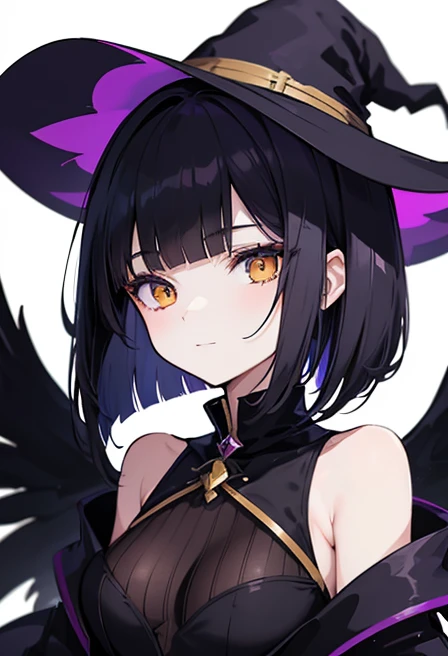 Witch's outfit, Anime-style portrait of a girl with a deep violet bob cut, {Golden eyes}, bright eyes, baby-faced, eye contact with the camera, subtle smile, {having Deathscythe}, minimalistic background to emphasize character, high contrast, clean lines, digital painting, vivid colors