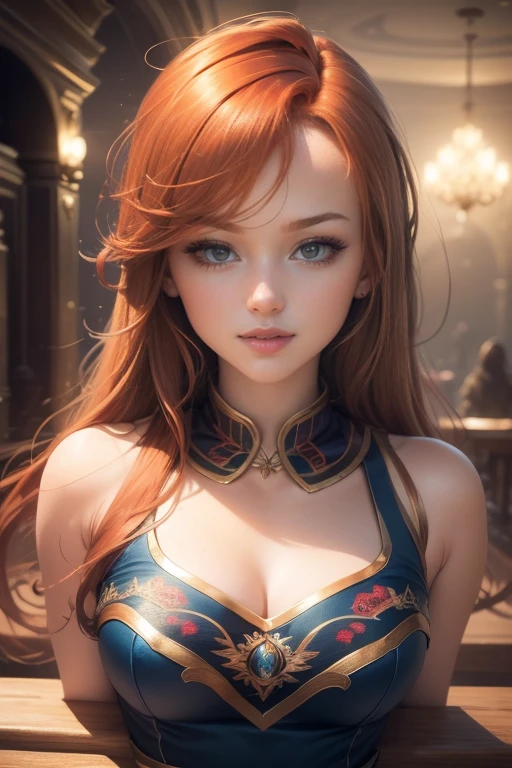 (masterpiece:1.4), (best quality:1.4), Very detailed, complex, Super detailed, (perfect face), illustration,soft light, breath-taking scenery, 1 girl, happy,  vivid auburn hair, rich and colorful, Colorful, from_below ,fish_Costumes , stadium 