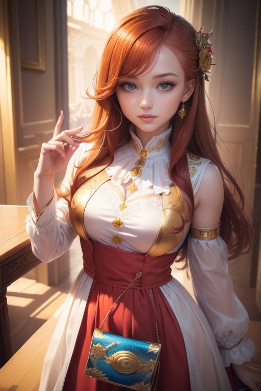 (masterpiece:1.4), (best quality:1.4), Very detailed, complex, Super detailed, (perfect face), illustration,soft light, breath-taking scenery, 1 girl, happy, vivid auburn hair, rich and colorful, Colorful, from_below ,fish_Costumes , stadium