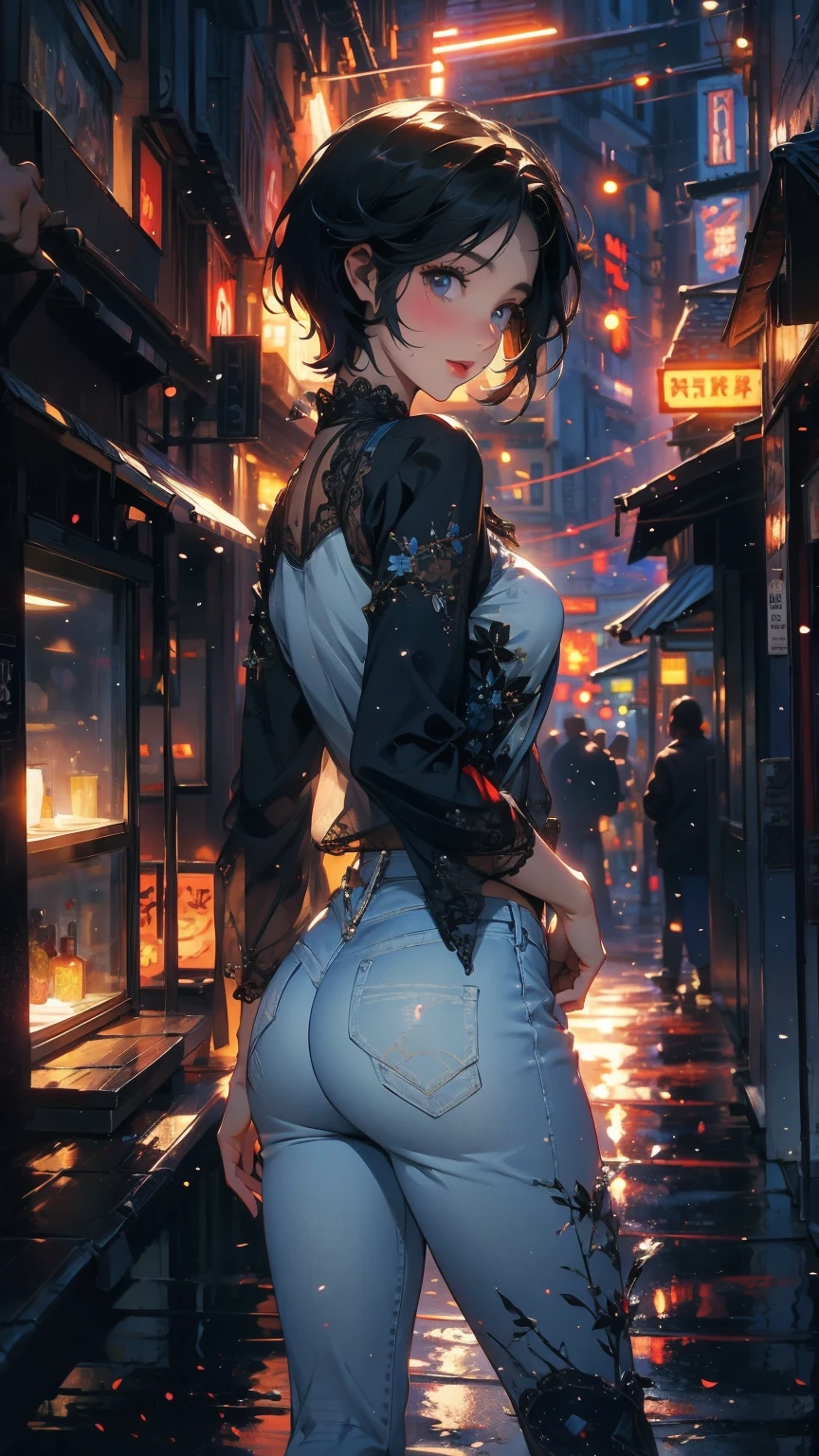 (Highly detailed CG unit 8k wallpaper, masterpiece, High resolution, highest quality, natural skin texture), Composition from head to stomach:1.5, (20 year old woman, Hands in pockets pose:1.3, smile, detailed eyes, gradient eyes), (Stalgic Fashion, detailed costume, fine embroidery, White lace stitch textured blouse, No sleeve:1.2, skinny jeans, Asymmetrical short hair:1.2), (Backstreets of Paris:1.3, Colourful flower beds along the road, cinematic lighting), high contrast, hyper realistic, digital painting, concept art,