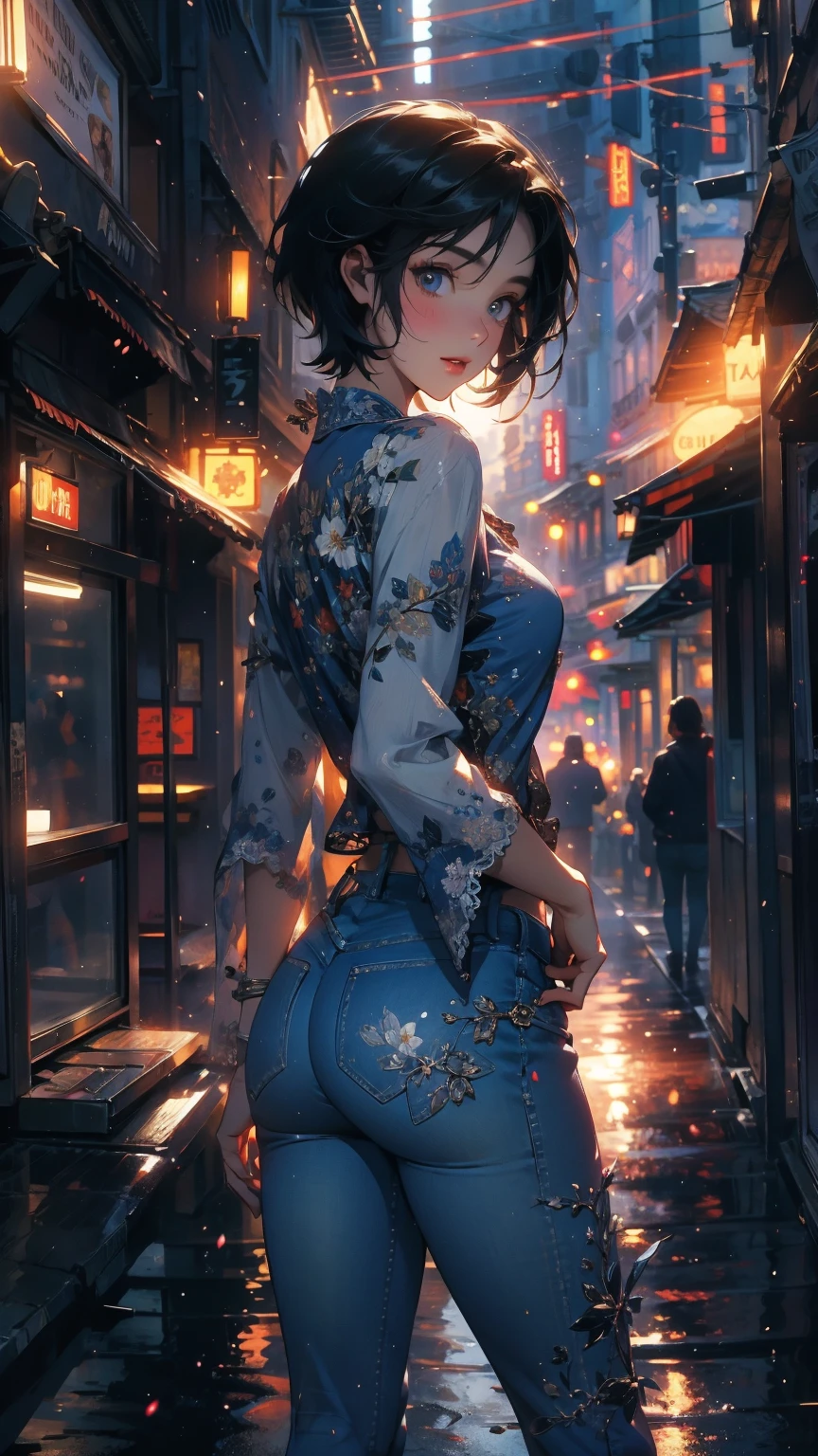 (Highly detailed CG unit 8k wallpaper, masterpiece, High resolution, highest quality, natural skin texture), Composition from head to stomach:1.5, (20 year old woman, Hands in pockets pose:1.3, smile, detailed eyes, gradient eyes), (Stalgic Fashion, detailed costume, fine embroidery, White lace stitch textured blouse, No sleeve:1.2, skinny jeans, Asymmetrical short hair:1.2), (Backstreets of Paris:1.3, Colourful flower beds along the road, cinematic lighting), high contrast, hyper realistic, digital painting, concept art,
