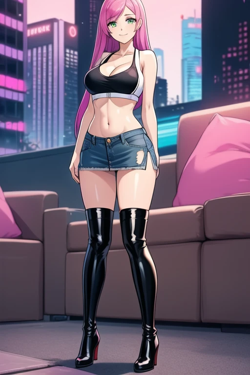 1 girl, 19 years old, Long pink hair, green eyes with slit pupils, master-piece, best quality, (standing up), (denim open vest, white sports bra, black leather pencil mini skirt, patent leather high heel boots, cleavage), (Big , ultra gigantic , Super super big, Glamorous body), Make eye contact with the camera, front figure, looking forward, (light_Smile:1.5), (Detailed hands and fingers:1.2) (Cyberpunk City), (FULL BODYSHOT), thighs thighs thighs thighs、beauty legs、