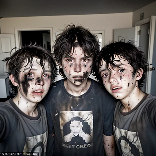 Selfie of three boys covered in soot and with messy hair after being caught in an explosion in their bedroom
