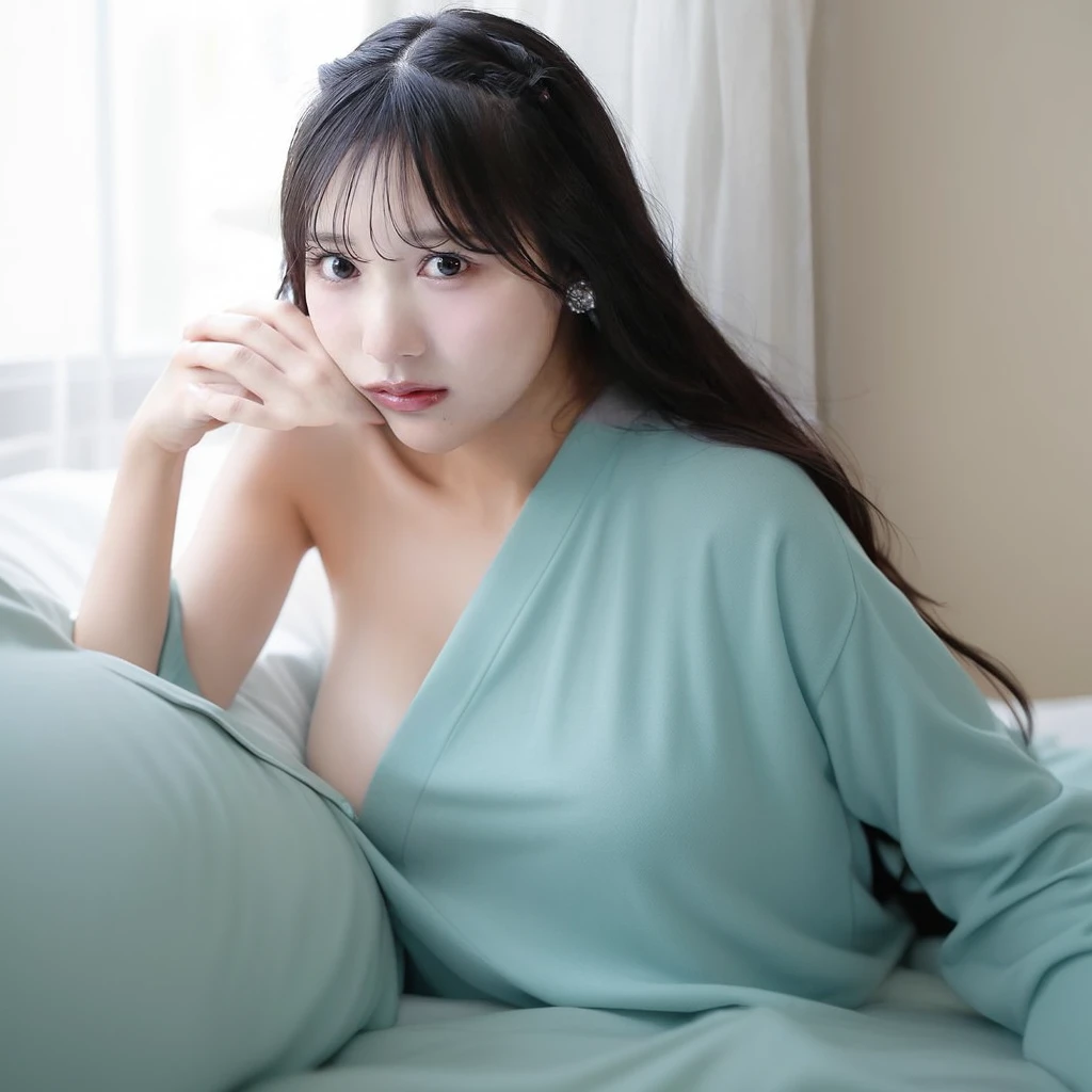 (expose one's chest、show your breasts:1.4),beautiful skin、smooth skin、beautiful nippleedium chest、(naked),correct body、No discomfort、(While lying down、Lying on the sheets、Elbows:1.4)
