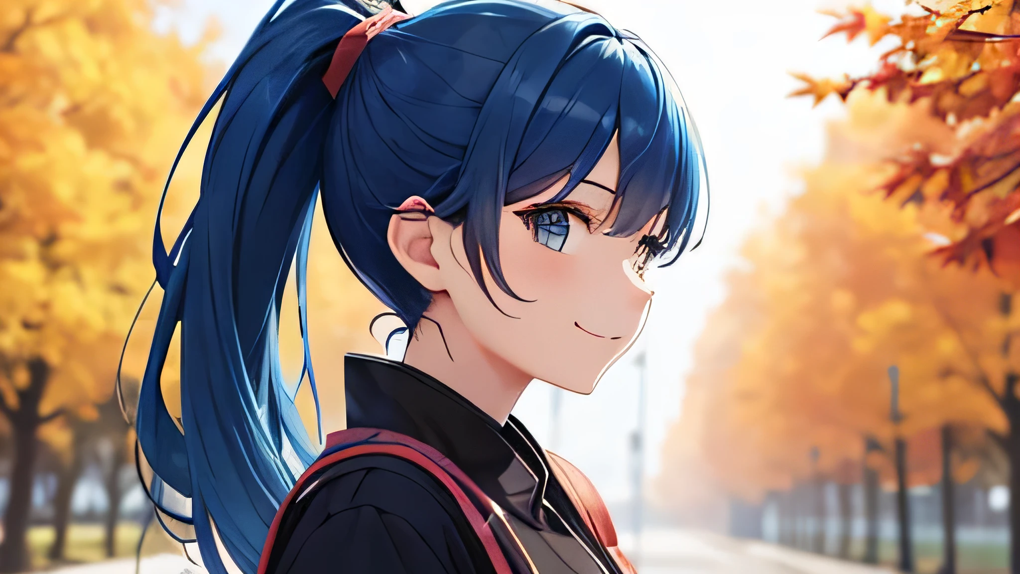 A woman with blue hair and a ponytail enjoying the autumn leaves on a walk on an autumn day。I feel like I'm smiling so I can see your face