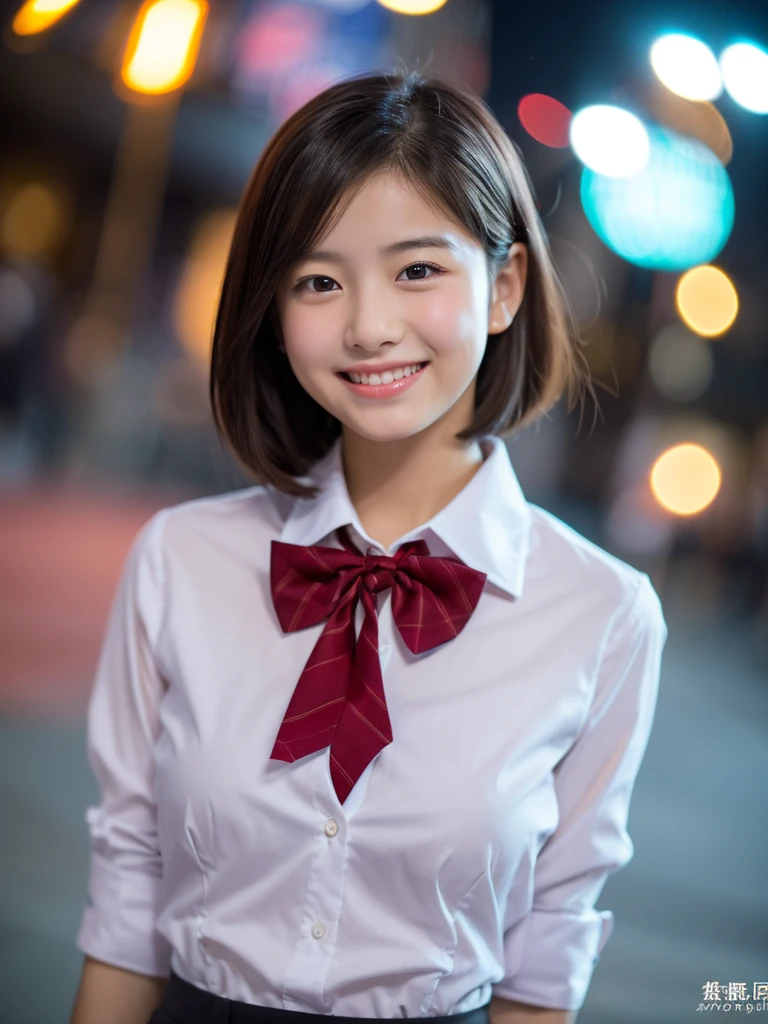 (8k, RAW Photos, highest quality, masterpiece:1.2), (Realistic, photo-Realistic:1.37), Very detailed,
1 girl,cute, alone,Beautifully detailed skies,Detailed Cafe,night,Sitting,Date,(Red nose),(smile:1.1),(Mouth closed),Large Breasts, seductive smile, Wide opening, Professional Lighting, Sony A7R4, Zesse 50mm F1.8,
Medium chest,Beautiful fine details,(Collared shirt:1.1), bow tie,Pleated skirt,(short hair:1.2),Floating Hair 