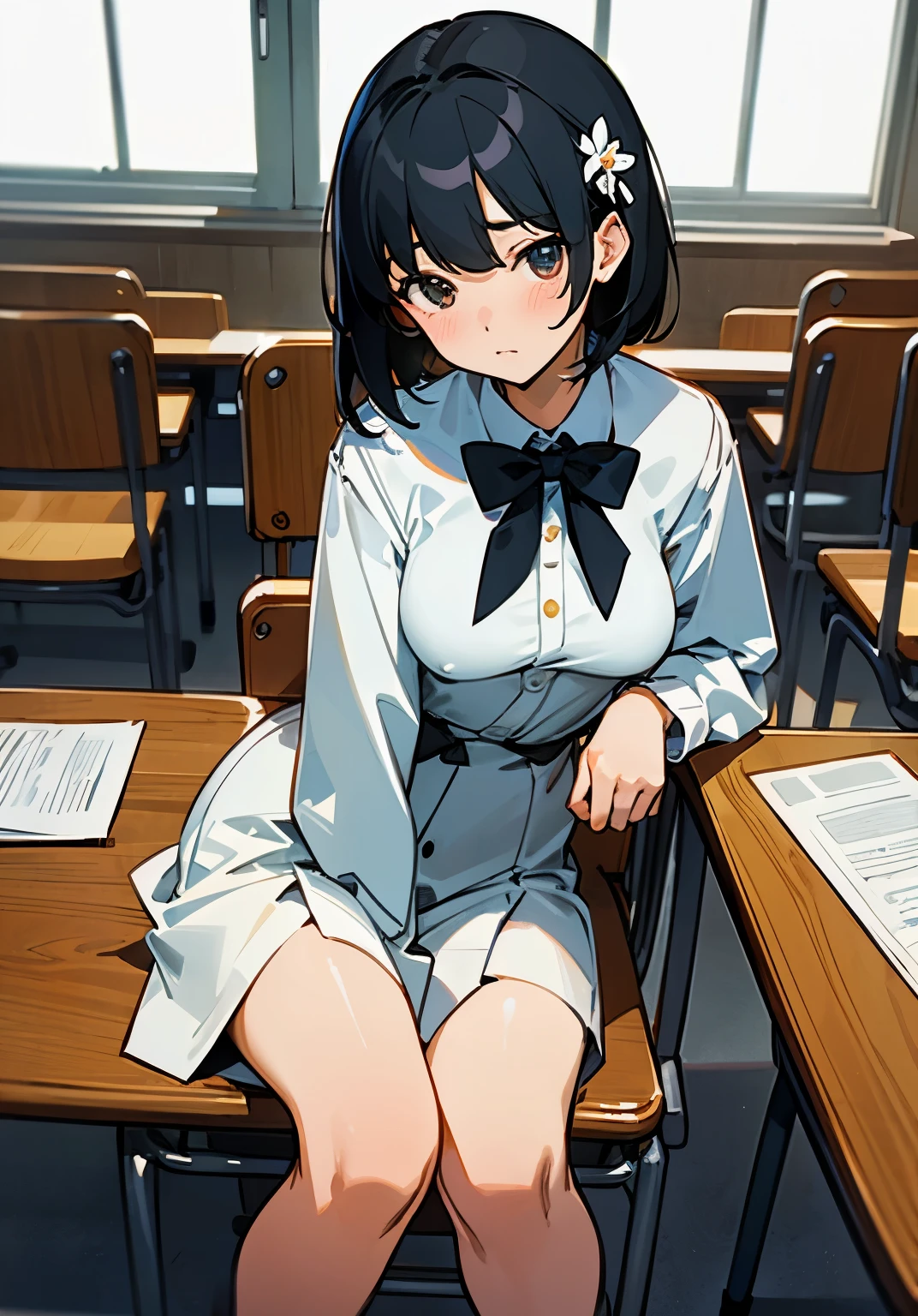 {best quality},Classrooms at famous universities、black hair short、Female college student、beautiful breasts、Neat and clean fashion、sit in a chair、Leaning your elbows on the desk、Pensive、Not looking at the camera