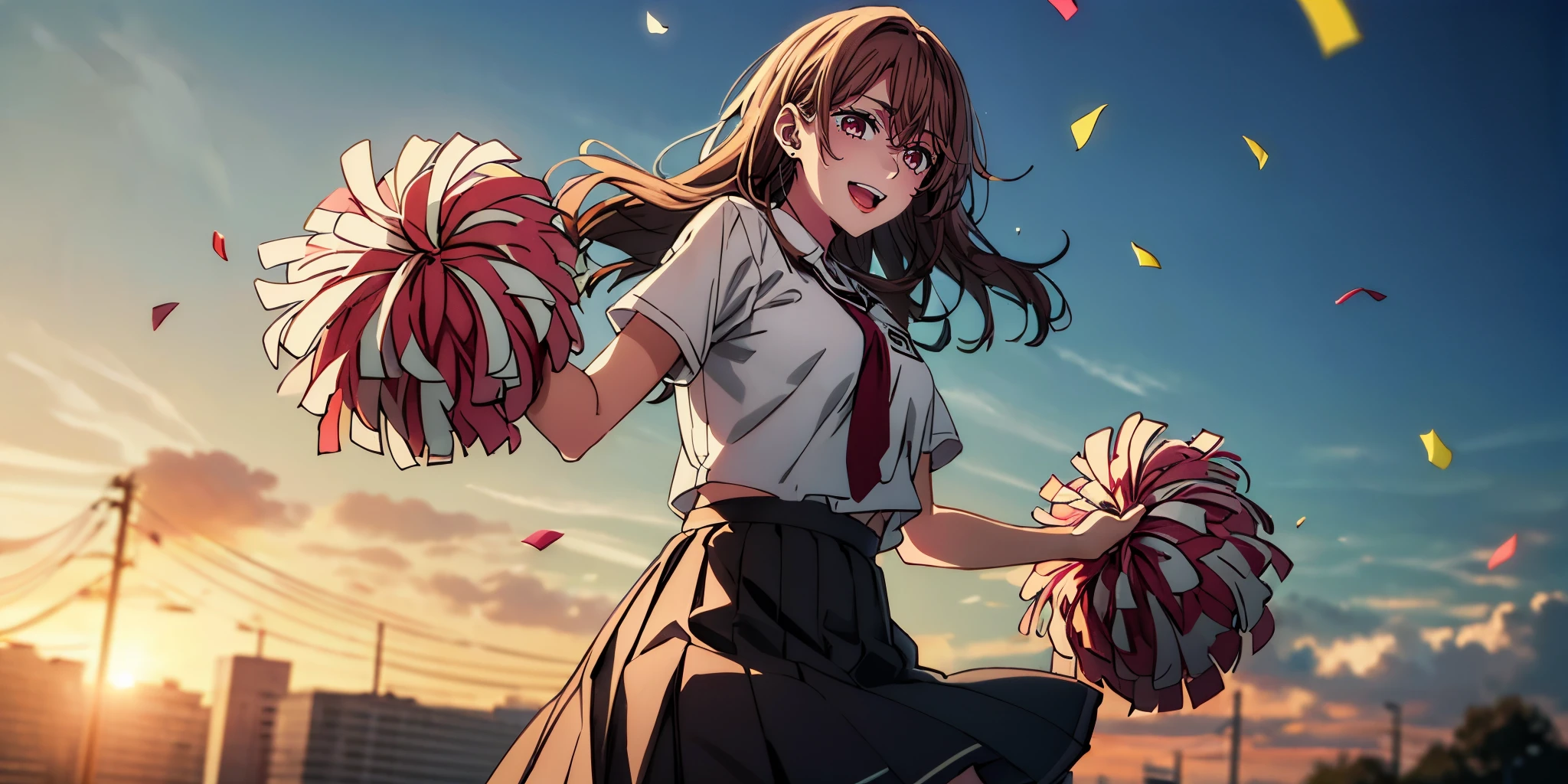 brown hair, long hair, eft_oshi_step, bangs, maroon eyes, curvy, anatomically correct, heavy breathing,1girl, cheerleader, cowboy shot, pom pom \(cheerleading\), :d, pink clothing, masterpiece,best quality,highres,ultra-detailed,aashizue, outdoors, blue sky, confetti, pleated skirt, (plump:1.2), (shaded face:1.2), hollow eyes, maroon eyes, looking at viewer, seductive smile, upper teeth, open mouth, glowing eyes,"Photorealistic, Hyperrealistic, Hyperdetailed, analog style, soft lighting, subsurface scattering, realistic, heavy shadow, masterpiece, best quality, ultra realistic, 8k, golden ratio, Intricate, High Detail, film photography, soft focus"