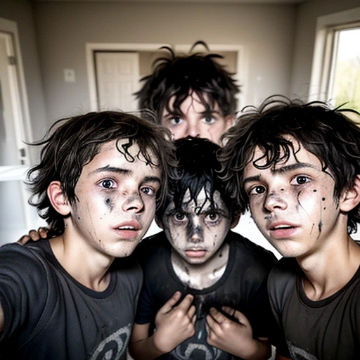 Selfie of three boys covered in soot and with messy hair after being caught in an explosion in their bedroom