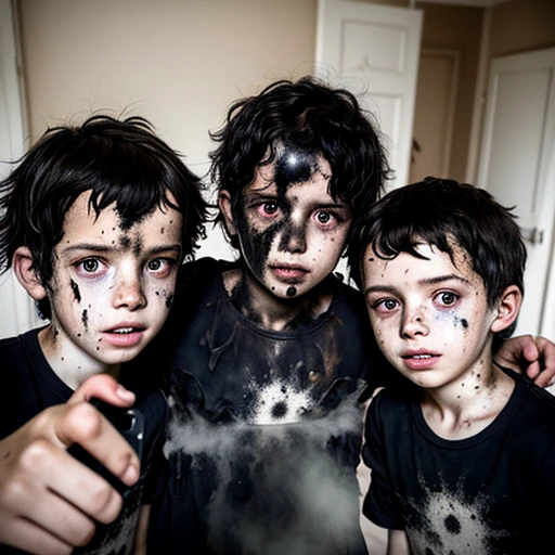 Selfie of three boys covered in soot and with messy hair after being caught in an explosion in their bedroom