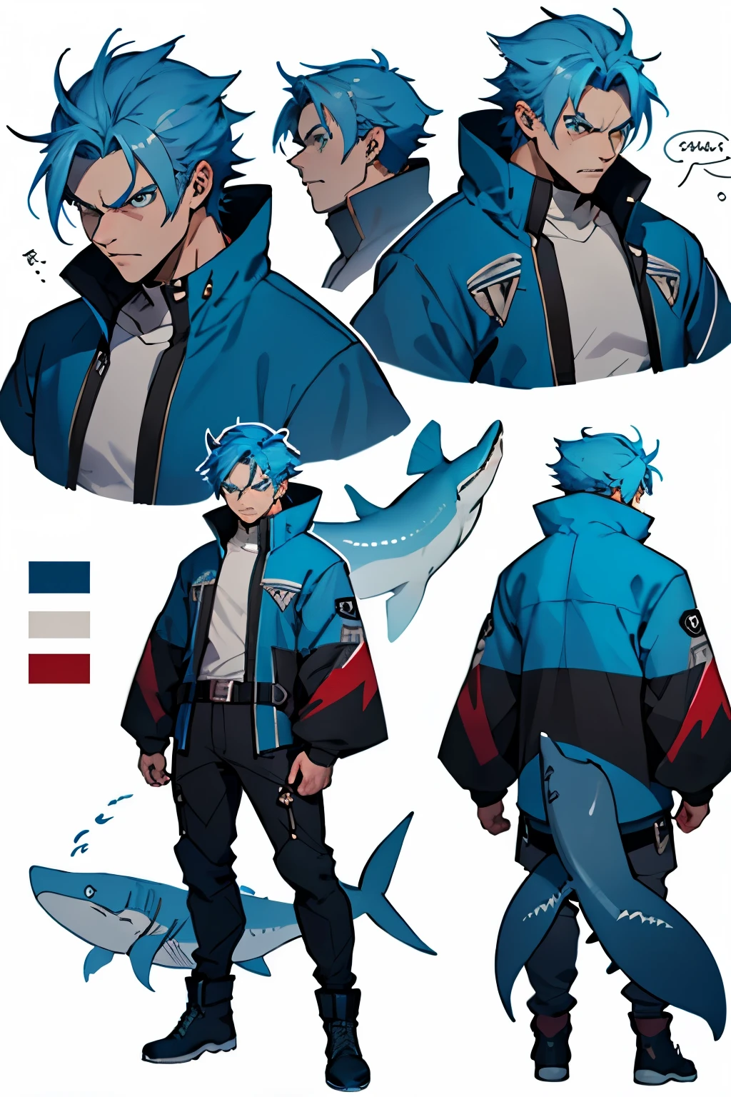 ((best quality)), ((masterpiece)), (detailed), perfect face, shark tail, character sheet, full body, angry, furious, man, fins, sea outfit, blue eyes, sharp teeth, blue hair, full body, male