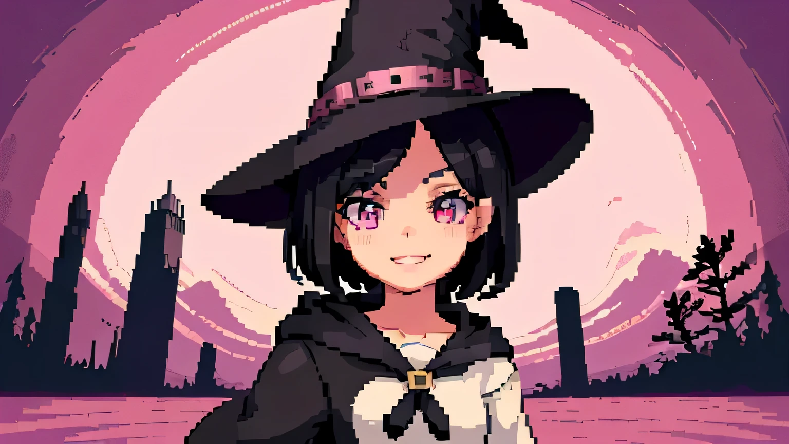 Pixel art, masterpiece, pix, 1 girl, black hair, pink pick dye, pink eyes, short and fine hair ,hood, liveliness, I pursed my lips and smiled, cute, Post-apocalyptic world background , witch costume, witch hat,