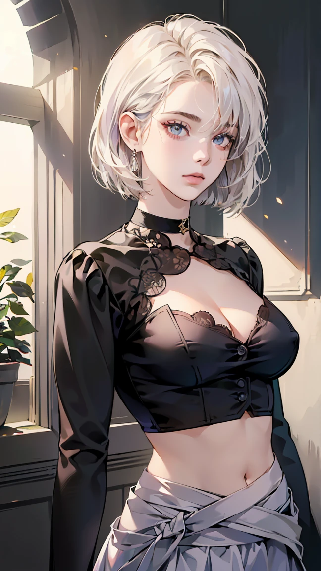 (masterpiece, highest quality, (1 girl:1.5), alone, intricate details, chromatic aberration), (realistic), (skin), ((breathe)), (wavy white hair, bob cut, dull bangs, hair above one eye), fine hair, red ornament, blue highlights, small earrings, clear eyes, purple eyes, choker, ((black crop top, thin material, skirt)), open waist, (symmetrical eyes), (perfect symmetrical body), night, (((Natural light))), Backlight, against the gray wall, dim lighting ,look at the audience, (((center shot, From before, face and waist))), (big breasts: 1.2), cleavage,