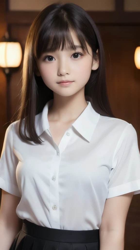 highest quality,photo quality,8K,ultra high resolution,professional lighting,,(cute),actress,thin face,detailed face,(short bangs),(Japanese high school uniform:1.1),transparent blouse:0.8,black skirt,look at the viewer,perfect hands,