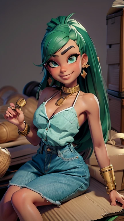 works of art, better quality, detailed face, fine eyes, sharp focus, 3D rendering. whole body, beautiful chibi girl, cute smile, ((Tanned skin tone)), short green hair, wavy , tomboy, slim body shape, black clothes, that&#39;s why, long sleeve shirt, (((Wide bottom jeans))), Large sneakers, (((Formal pose with cardboard box))), (face focus:1.3).