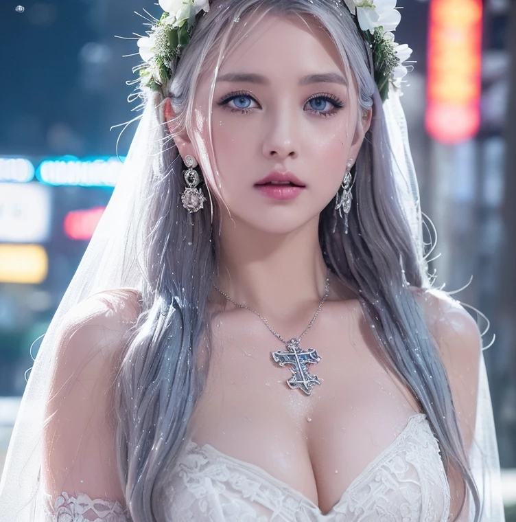 1 miniature Beautiful beautiful woman - Yuan Sayuki, ((top quality, 8K, Masterpiece:1.retty woman, 1 woman, huge breasts:1.3, a slim body:1.1, lush white Long hair, (shower, wet body, wet clothes:1.1), very detailed face, detailed lips, detailed eyes, double eyelids, Detailed blue eyes, чрезвычайно Detailed Outstanding Blue Eyes, short white wet hair, white wet hair, Detailed Outstanding Blue Eyes, innocent look at the viewer, very wet wavy white hair, Detailed Outstanding Blue Eyes, huge cross earrings, Outdoors, badges behind, gothic wedding uniform, sexy gothic style wedding dress with veil, bare chest, huge chest tattoo wearing a wreath, detailed huge earrings, chest tattoo, Outside - there are trees and a buddhist temple in the background, wear a silver cross (Detailed cross shape), reality mode, wet breasts, black necklace, black wedding dress and black veil, human crowd behind, head/forehead chain veil, black latex gloves, naked breasts, naked breasts, naked nipples, hair of white snowy colour, night, neon lights