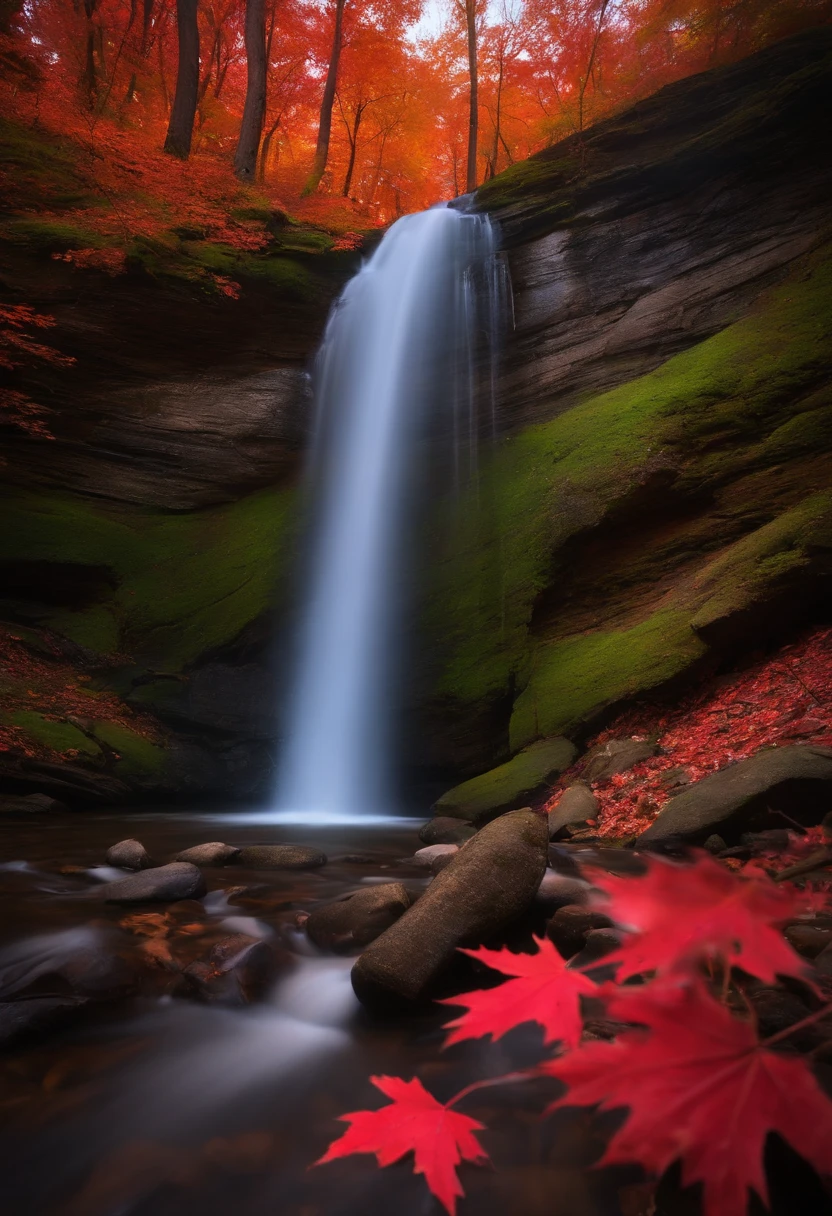 Red maple forest, waterfall on top of the hill, long exposure, slow door photography, a few red maple leaves in the foreground, between valleys, streams, long exposure, sunset, a little light.