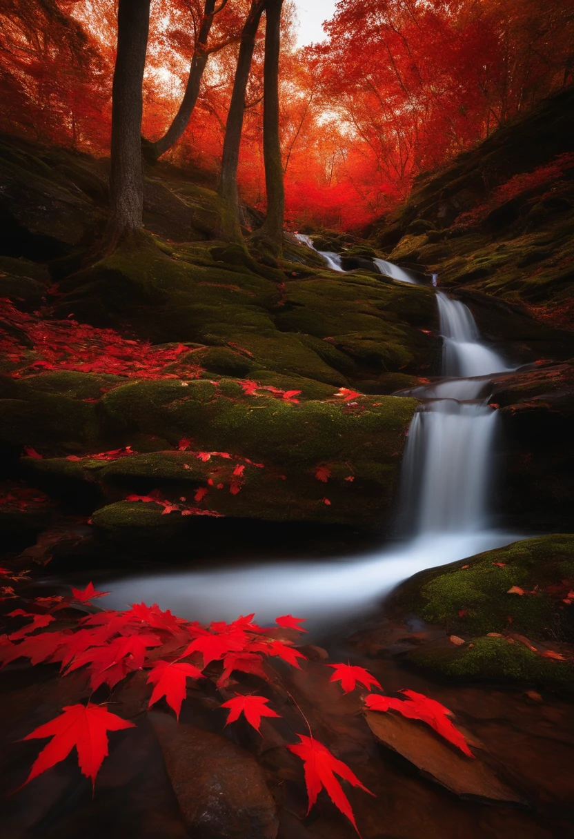 Red maple forest, waterfall on top of the hill, long exposure, slow door photography, a few red maple leaves in the foreground, between valleys, streams, long exposure, sunset, a little light.