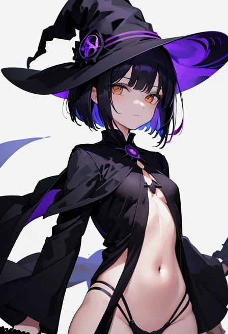 Witch's outfit, Anime-style portrait of a girl with a deep violet bob cut, {Golden eyes}, bright eyes, baby-faced, eye contact with the camera, subtle smile, {Deathscythe}, {having weapon}, minimalistic background to emphasize character, high contrast, clean lines, digital painting, vivid colors