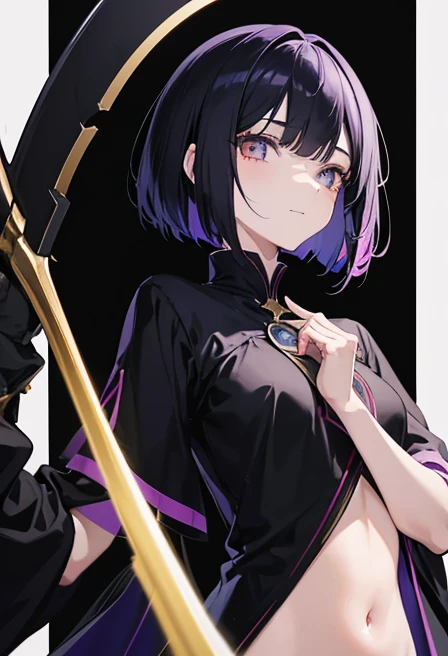 Witch's outfit, Anime-style portrait of a girl with a deep violet bob cut, {Golden eyes}, bright eyes, baby-faced, eye contact with the camera, subtle smile, {Deathscythe}, {having weapon}, minimalistic background to emphasize character, high contrast, clean lines, digital painting, vivid colors