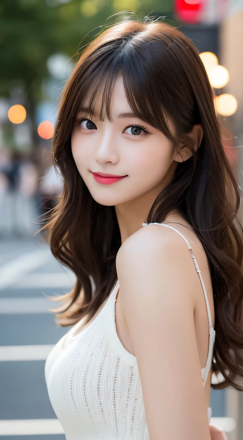 table top, highest quality, figure, Super detailed, finely, High resolution, 8k wallpaper, Perfect dynamic composition figure, detailed and beautiful eyes, autumn ladies fashion,wavy hair,、natural color lip, bold sexy pose,smile,Harajuku、20 year old girl、cute、sexy shot looking at camera