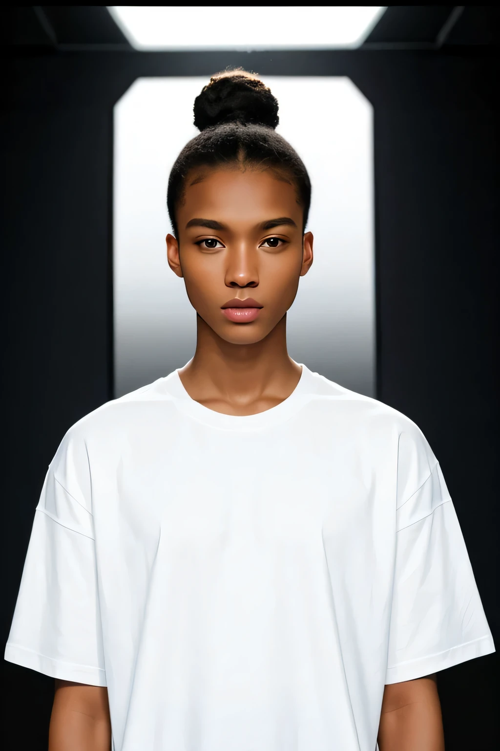 black model wears white solid oversized t-shirt, Produce a visually stunning and hyper-realistic banner image with top-notch quality, Pay meticulous attention to full skin details on the model to enhance the realistic aesthetic. The final output should be in 4K resolution and tailored specifically for a streetwear store front banner, meeting the highest standards of quality and appeal, light background and studio shooting.