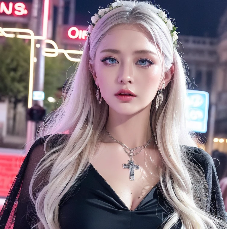 1 miniature Beautiful beautiful woman - Yuan Sayuki, ((top quality, 8K, Masterpiece:1.retty woman, 1 woman, huge breasts:1.3, a slim body:1.1, lush white Long hair, (shower, wet body, wet clothes:1.1), very detailed face, detailed lips, detailed eyes, double eyelids, Detailed blue eyes, чрезвычайно Detailed Outstanding Blue Eyes, short white wet hair, white wet hair, Detailed Outstanding Blue Eyes, innocent look at the viewer, very wet wavy white hair, Detailed Outstanding Blue Eyes, huge cross earrings, Outdoors, badges behind, gothic wedding uniform, sexy gothic style wedding dress with veil, bare chest, huge chest tattoo wearing a wreath, detailed huge earrings, chest tattoo, Outside - there are trees and a buddhist temple in the background, wear a silver cross (Detailed cross shape), reality mode, wet breasts, black necklace, black wedding dress and black veil, human crowd behind, head/forehead chain veil, black latex gloves, naked breasts, naked breasts, naked nipples, hair of white snowy colour, night time, red neon lights
