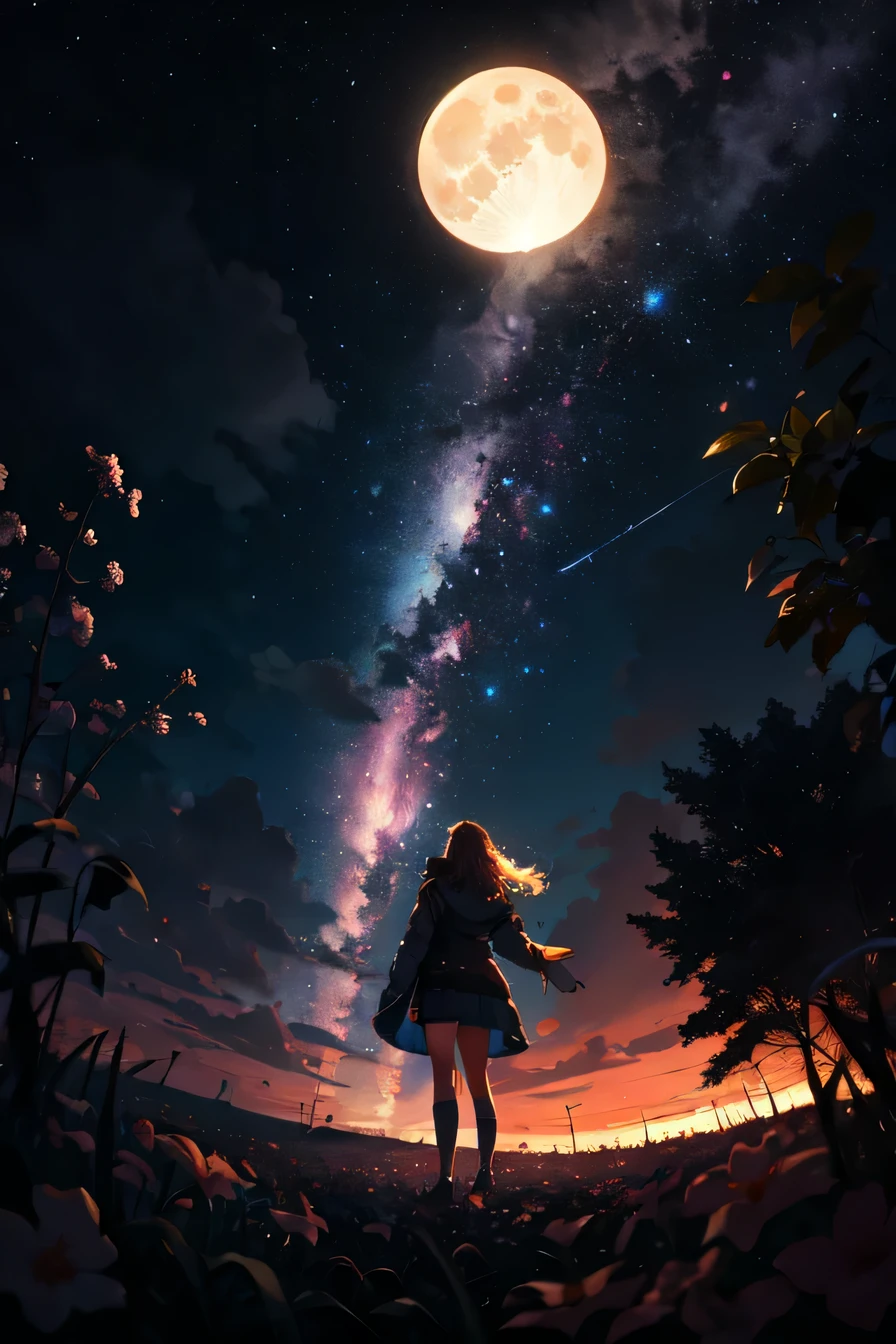 expansive landscape photograph , (a view from below that shows sky above and open field below), a girl standing on flower field looking up, (full moon:1.2), ( shooting stars:0.9), (nebula:1.3), distant mountain, tree BREAK
production art, (warm light source:1.2), (Firefly:1.2), lamp, lot of purple and orange, intricate details, volumetric lighting BREAK
(masterpiece:1.2), (best quality), 4k, ultra-detailed, (dynamic composition:1.4), highly detailed, colorful details,( iridescent colors:1.2), (glowing lighting, atmospheric lighting), dreamy, magical, (solo:1.2)