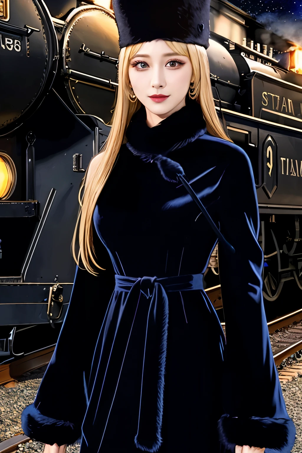 maetel, long hair, blonde hair,fur trim, black headwear, fur hat, dress,(cowboy shot:1.1), yellow eyes, (luggage:1.1), steam (train station:1.1),station platform,  night, galaxy,999
best quality, highly detailed, masterpiece, absurdres,8k,   (detailed eyes, deep eyes),photorealistic, realistic,detailed skin texture, detailed pupils,HDR,
1woman,(happy:1.1),smile, (angular face:1.2),shiny face,large breasts, (narrow waist:1.1), lip makeup,long eyelashes