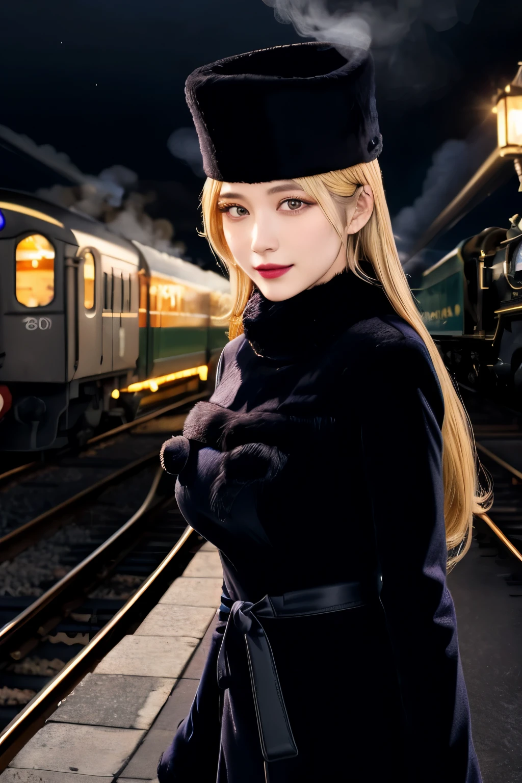 maetel, long hair, blonde hair,fur trim, black headwear, fur hat, dress,(cowboy shot:1.1), yellow eyes, (luggage:1.1), steam (train station:1.1),station platform,  night, galaxy,999
best quality, highly detailed, masterpiece, absurdres,8k,   (detailed eyes, deep eyes),photorealistic, realistic,detailed skin texture, detailed pupils,HDR,
1woman,(happy:1.1),smile, (angular face:1.2),shiny face,large breasts, (narrow waist:1.1), lip makeup,long eyelashes