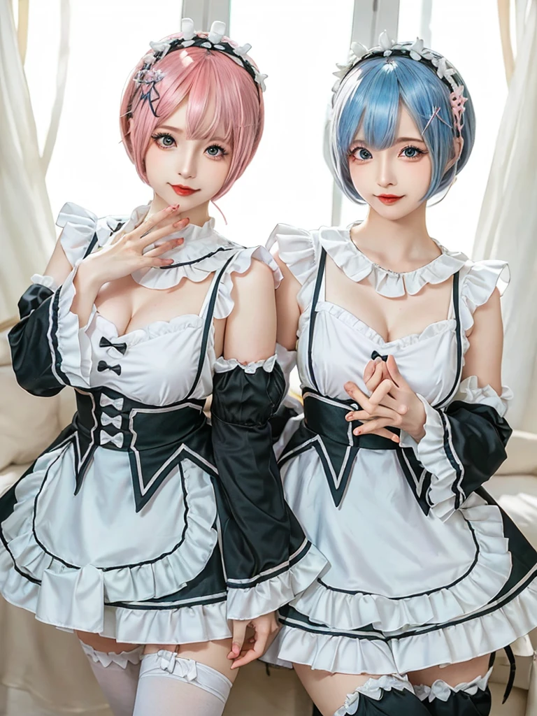 (8K, Photorealistic, Raw photo, of the highest quality: 1.3), (1girl in), Super beautiful, (Realistic face), (boyish, pink Color Berry Shorthair), Beautiful , Glare that captivates the viewer, Beautiful expression, Beautiful breasts, (Realistic skin), Be...Create a detailed and colorful image of Ram and Rem from Re:Zero, standing back-to-back in their maid outfits, with a magical fantasy background、14years old, two girls,cute, perfect face, beautiful, nice body, gothic lolita clothes, gothic lolita fashion, frilly skirt, headdress, necklace, bracelet, knee-high socks, boots, double eyelids, tear bags, Detailed down to the fingers, photo-like description, indoors, dim indoor lighting, one girl is pink hair and short bob, another girl is light blue hair and short bob,standing, sexy posing,whole body, composition that shows the whole body, smiling,The Both of them are wearing the same type of maid outfit