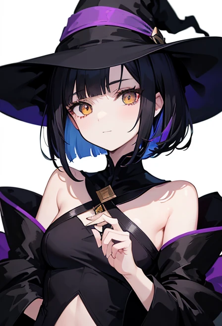 Witch's outfit, Anime-style portrait of a girl with a deep violet bob cut, {Golden eyes}, bright eyes, baby-faced, eye contact with the camera, subtle smile, {Deathscythe}, {having weapon}, minimalistic background to emphasize character, high contrast, clean lines, digital painting, vivid colors