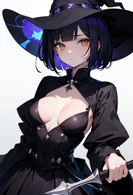 Witch's outfit, Anime-style portrait of a girl with a deep violet bob cut, {Golden eyes}, bright eyes, -facee contact with the camera, subtle smile, {Deathscythe}, {having weapon}, minimalistic background to emphasize character, high contrast, clean lines, digital painting, vivid colors