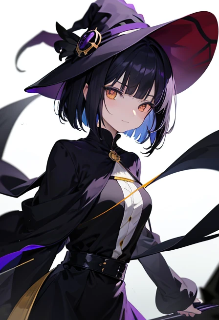 Witch's outfit, Anime-style portrait of a girl with a deep violet bob cut, {Golden eyes}, bright eyes, -facee contact with the camera, subtle smile, {Deathscythe}, {having weapon}, minimalistic background to emphasize character, high contrast, clean lines, digital painting, vivid colors