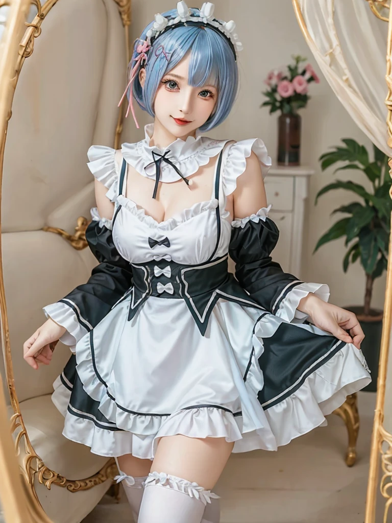(8K, Photorealistic, Raw photo, of the highest quality: 1.3), (1girl in), Super beautiful, (Realistic face), (boyish, pink Color Berry Shorthair), Beautiful , Glare that captivates the viewer, Beautiful expression, Beautiful breasts, (Realistic skin), Be...Create a detailed and colorful image of Ram and Rem from Re:Zero, standing back-to-back in their maid outfits, with a magical fantasy background、14years old, two girls,cute, perfect face, beautiful, nice body, gothic ta clothes, gothic loliashion, frilly skirt, headdress, necklace, bracelet, knee-high socks, boots, double eyelids, tear bags, Detailed down to the fingers, photo-like description, indoors, dim indoor lighting, one girl is pink hair and short bob, another girl is light blue hair and short bob,standing, sexy posing,whole body, composition that shows the whole body, smiling,The Both of them are wearing the same type of maid outfit