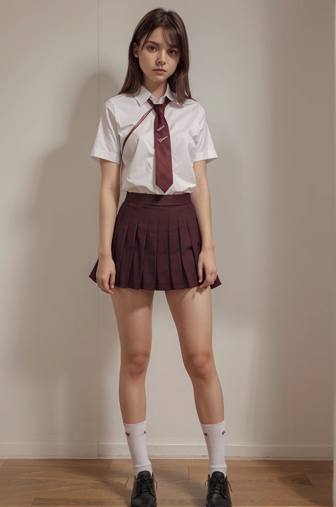 Girls  pleated maroon skirt, white short sleeve shirt, maroon necktie, knee length socks and black shoea standing pose