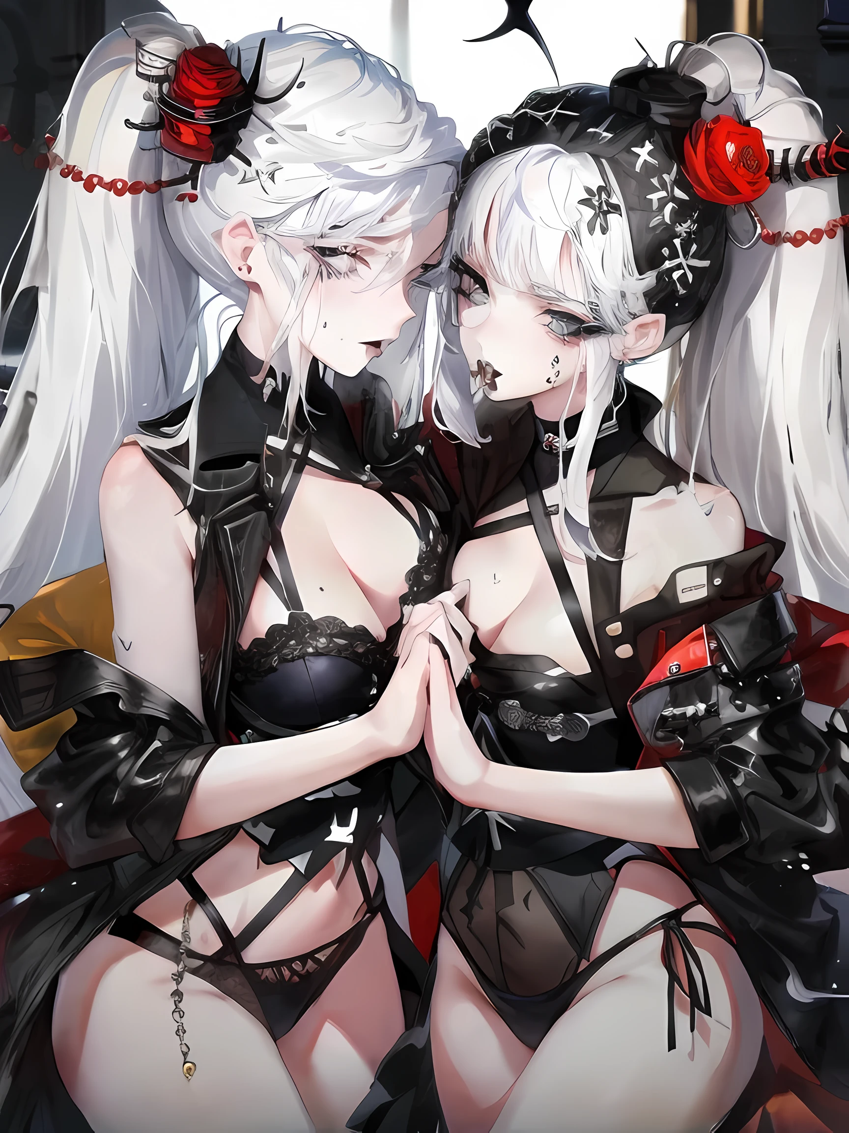 Two women kisasterpiece, best quality, high quality, ultra detailed, 1girl, looking at viewer, white hair, gray eyes, black lipstick, black shirt, sitting on a white floor, demon girl, gothcore, 1 7 - year - old, goth girl, japanese gothic, gothic punk style, black metal style, hands on head,.yurikiss、Girl kissing girl、