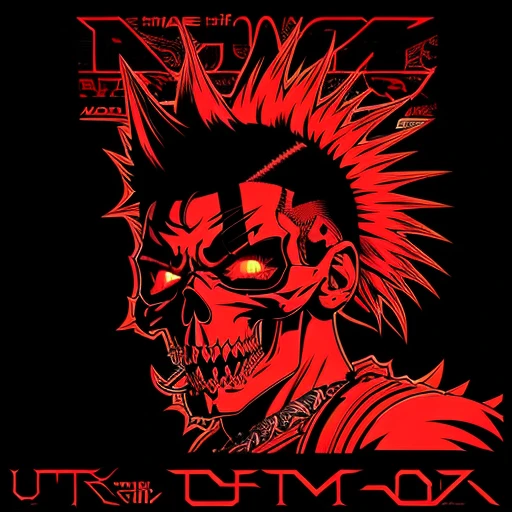 official art, unity 8k wallpaper, ultra detailed, vector art, aesthetically pleasing, High quality, masterpiece, best quality, Punk skull with red mohawk, side view, 1man, looking left, wide open mouth, detailed teeth, empty eye sockets, black and red graphic style, high contrast, (best quality, 4k, 8k, high resolution, masterpiece:1.2), ultra-detailed, illustration, HDR, UHD, sharp focus, bold lines, (punk, rebellious, aggressive:1.2), worm color tones, lens flare abuse, Yuki Katsura, subalpine meadows, Walking Catfish, Christmas Red