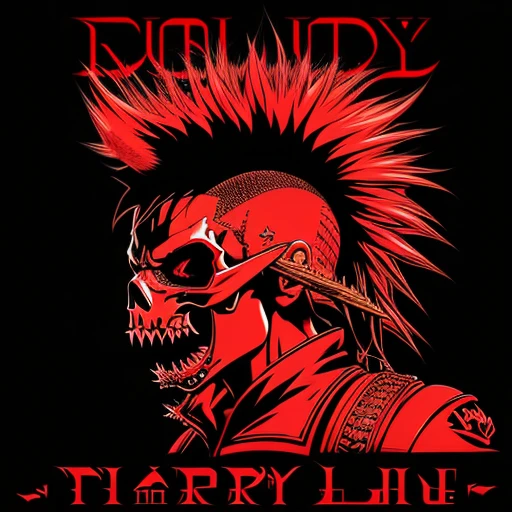 official art, unity 8k wallpaper, ultra detailed, vector art, aesthetically pleasing, High quality, masterpiece, best quality, Punk skull with red mohawk, side view, 1man, looking left, wide open mouth, detailed teeth, empty eye sockets, black and red graphic style, high contrast, (best quality, 4k, 8k, high resolution, masterpiece:1.2), ultra-detailed, illustration, HDR, UHD, sharp focus, bold lines, (punk, rebellious, aggressive:1.2), worm color tones, lens flare abuse, Yuki Katsura, subalpine meadows, Walking Catfish, Christmas Red