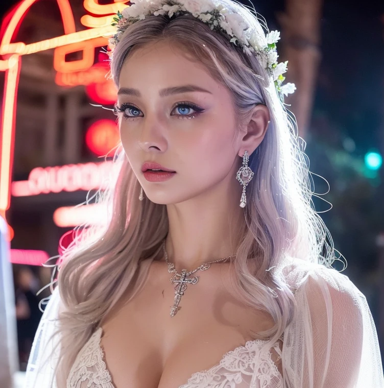 1 miniature Beautiful beautiful woman - Yuan Sayuki, ((top quality, 8K, Masterpiece:1.retty woman, 1 woman, huge breasts:1.3, a slim body:1.1, lush white Long hair, (shower, wet body, wet clothes:1.1), very detailed face, detailed lips, detailed eyes, double eyelids, Detailed blue eyes, чрезвычайно Detailed Outstanding Blue Eyes, short white wet hair, white wet hair, Detailed Outstanding Blue Eyes, innocent look at the viewer, very wet wavy white hair, Detailed Outstanding Blue Eyes, huge cross earrings, Outdoors, badges behind, gothic wedding uniform, sexy gothic style wedding dress with veil, bare chest, huge chest tattoo wearing a wreath, detailed huge earrings, chest tattoo, Outside - there are trees and a buddhist temple in the background, wear a silver cross (Detailed cross shape), reality mode, wet breasts, black necklace, black wedding dress and black veil, human crowd behind, head/forehead chain veil, black latex gloves, naked breasts, naked breasts, naked nipples, hair of white snowy colour, night, neon lights