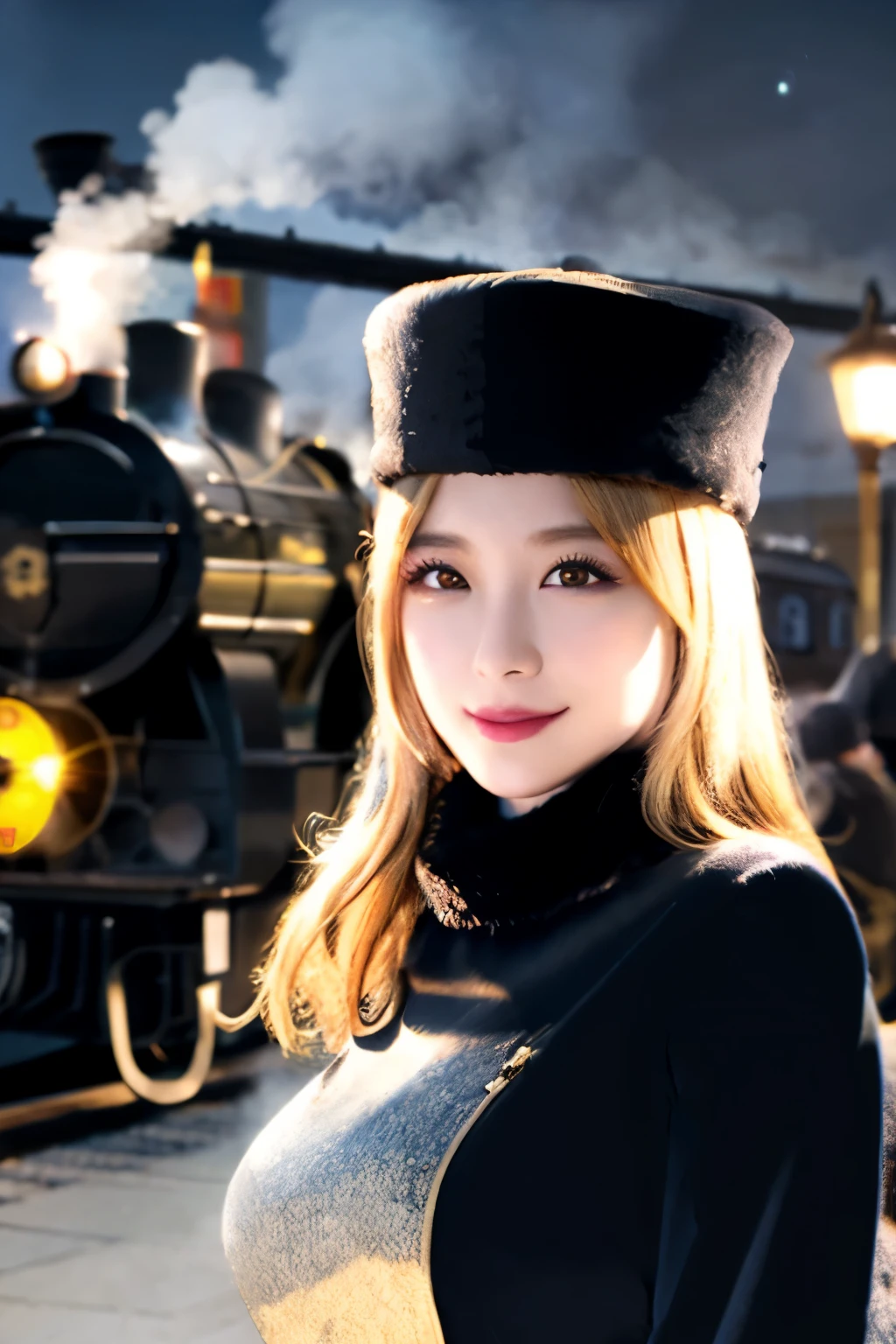 maetel, long hair, blonde hair,fur trim, black headwear, fur hat, dress,(cowboy shot:1.1), yellow eyes, (luggage:1.1), steam (train station:1.1),station platform,  night, galaxy,999
best quality, highly detailed, masterpiece, absurdres,8k,   (detailed eyes, deep eyes),photorealistic, realistic,detailed skin texture, detailed pupils,HDR,
1woman,(happy:1.1),smile, (angular face:1.2),shiny face,large breasts, (narrow waist:1.1), lip makeup,long eyelashes