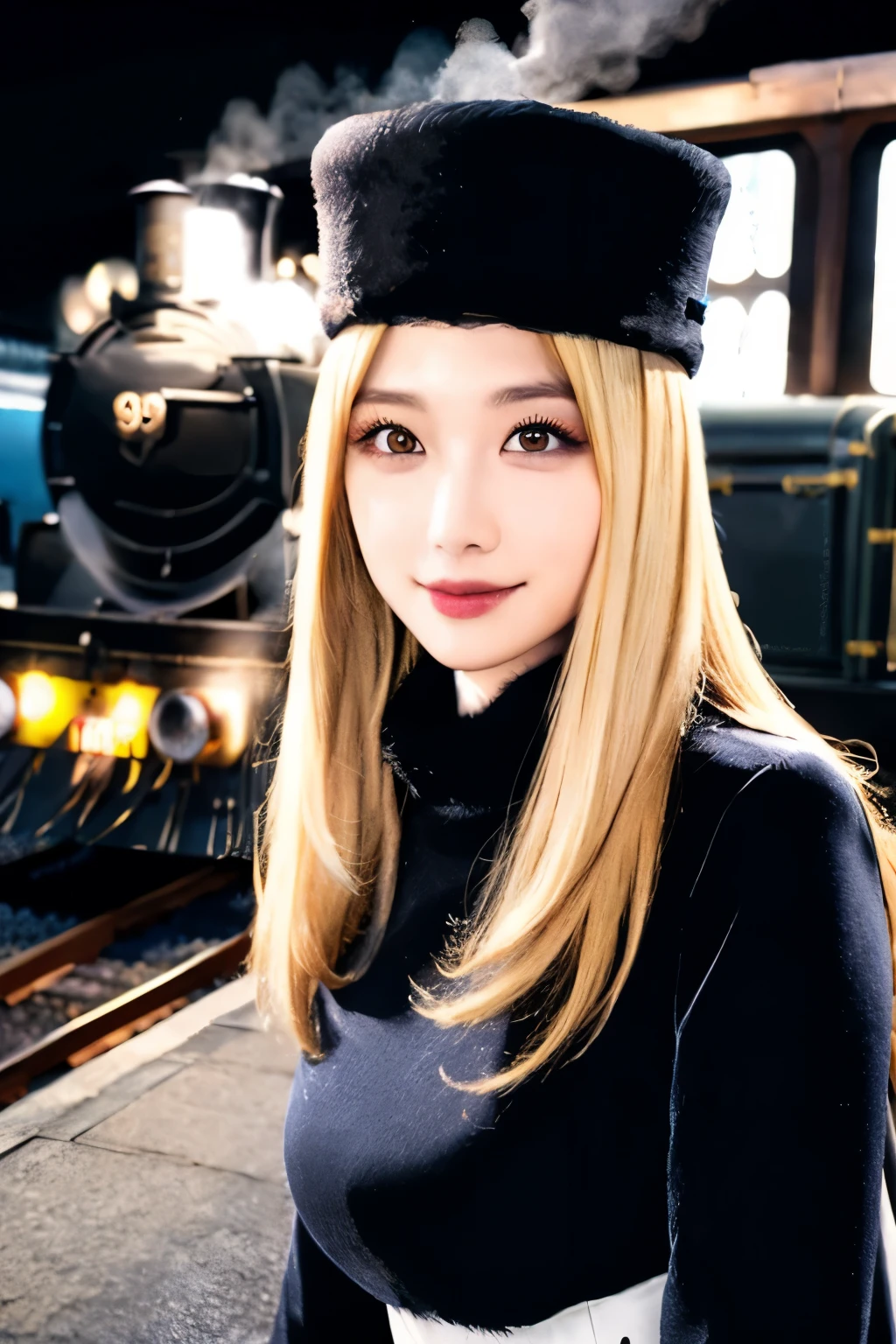 maetel, long hair, blonde hair,fur trim, black headwear, fur hat, dress,(cowboy shot:1.1), yellow eyes, (luggage:1.1), steam (train station:1.1),station platform,  night, galaxy,999
best quality, highly detailed, masterpiece, absurdres,8k,   (detailed eyes, deep eyes),photorealistic, realistic,detailed skin texture, detailed pupils,HDR,
1woman,(happy:1.1),smile, (angular face:1.2),shiny face,large breasts, (narrow waist:1.1), lip makeup,long eyelashes