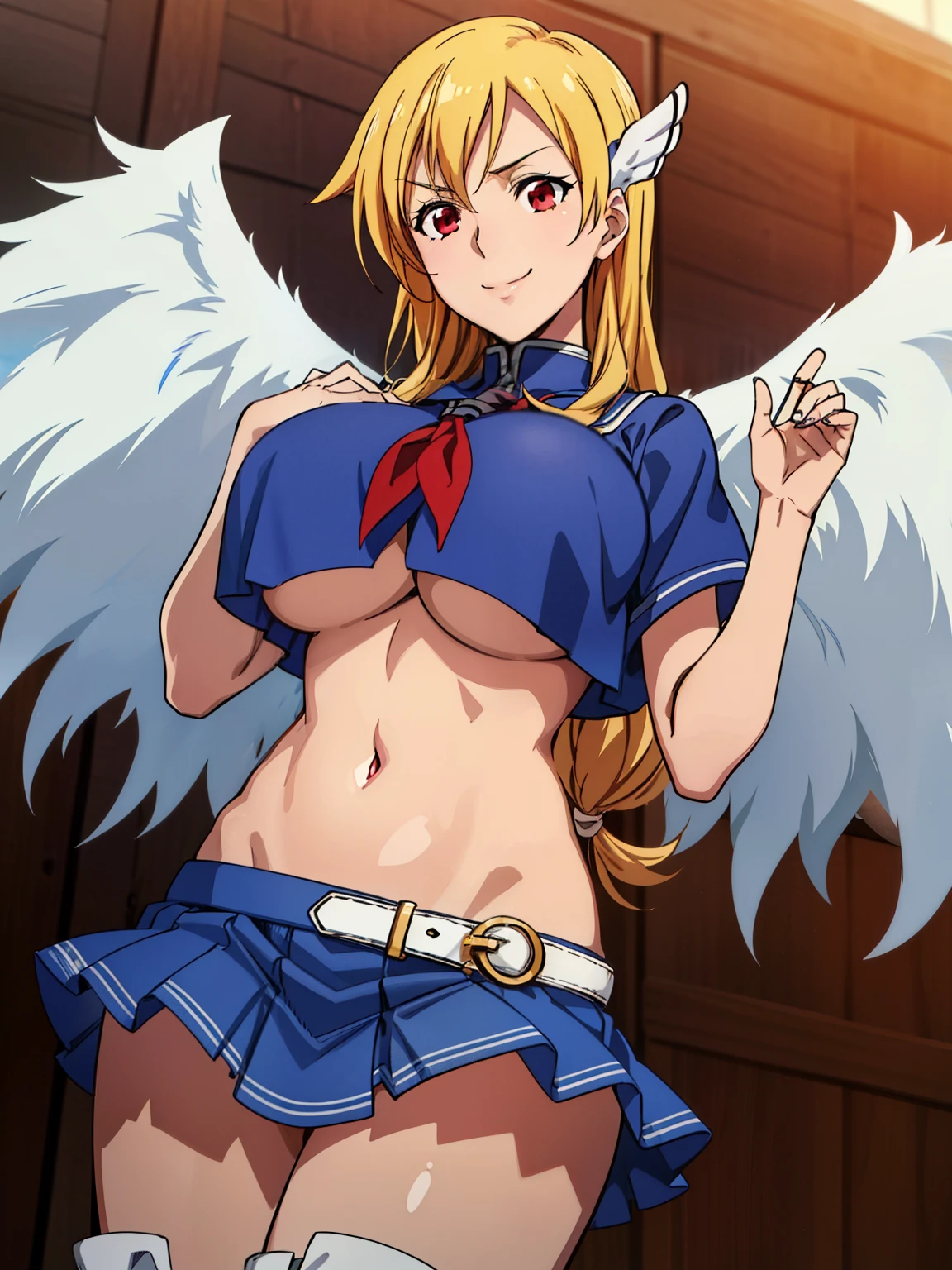 gold boots, angel wings, wings, white serafuku, navel, skirt, blue skirt, sunny weather, (school background), astraea, anime cels style, best quality, high resolution, 1girl, (huge breasts:1.2), beautiful face, blonde hair, long hair, (red eyes:1.5), cowboy shot, smiling