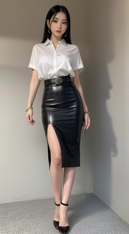 Charm, Charm, Charm, black hair, I'Scanning the middle., 美しいwomanの視点, The texture is realistic., elegant, big , Dynamic gestures, big , white short sleeve shirt, The shirt is thin and you can see the skin.big胸., chest is clearly visible., Iの胸が見えます, black slit pencil skirt, deep slit,panty shot,woman'black leather skirt'belt, Symmetrical shape, sexy figure,, earrings, full body photo,