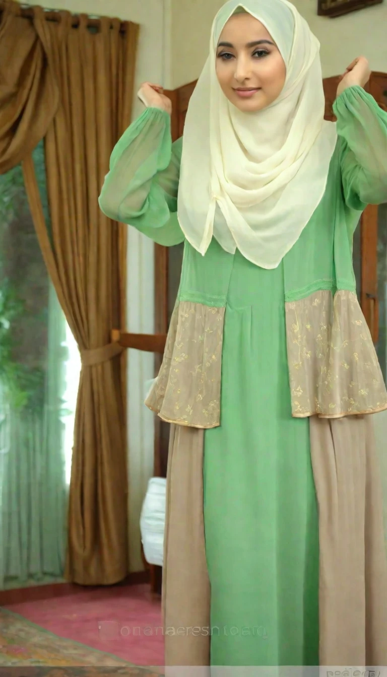 there is a woman in a hijab is standing in a room, dress and cloth, medium shot taken from behind, soft silk dress, formal attire, dress in voile, traditional clothes, long dress with apron, rear-shot, green and brown clothes, refreshing colour, very detailed and rich clothing, mid-view, desaturated!, full covered dress, female outfitNo skirt, playing vagina spill vagina, playing vagina with men, hijabers, muslimah playing vagina, happy sex with men hijabers